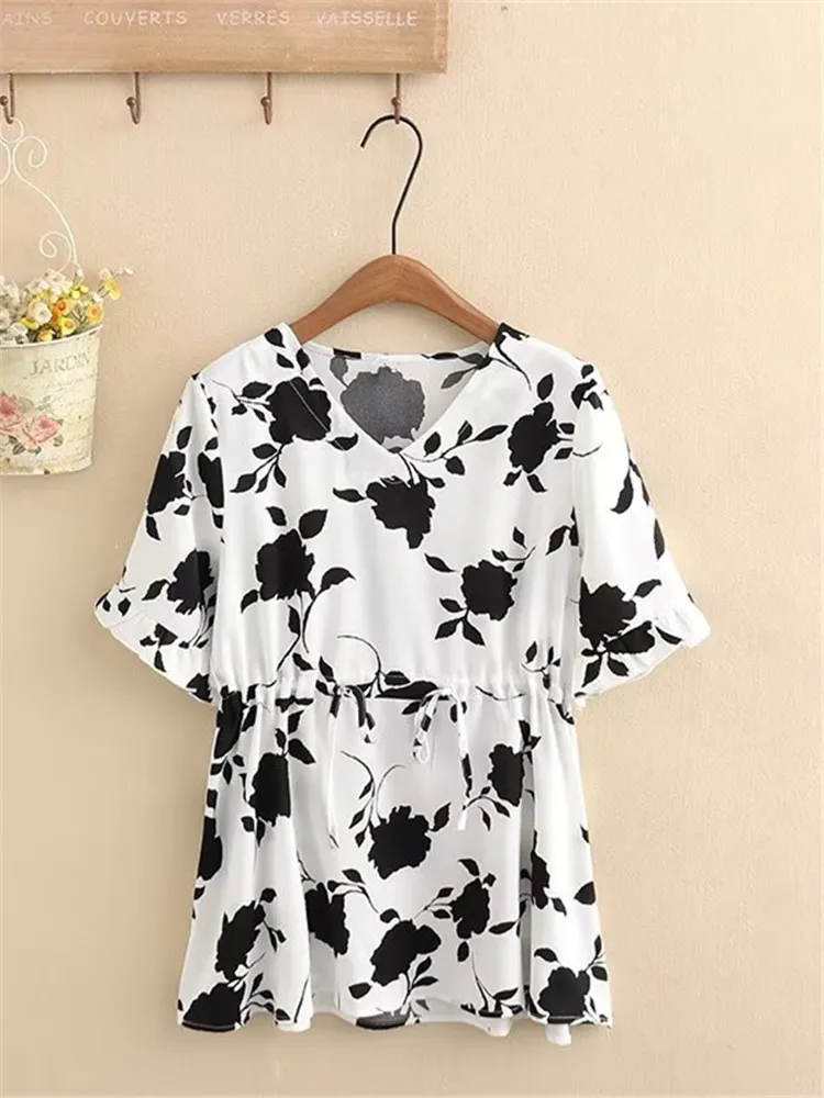 Plus Size Women Clothing Summer V-Neck Non-Stretch Floral Print Short Sleeve Top Printed Shirt With Adjustable Waist XL-4XL