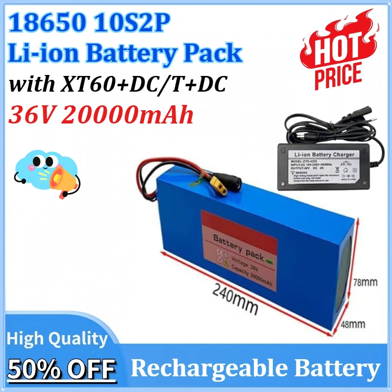 

Newly upgraded 20000mAh 18650 10S2P 21700 Li-ion Rechargeable Battery Pack 36V Replacement for Electric Scooters 42V2A charger