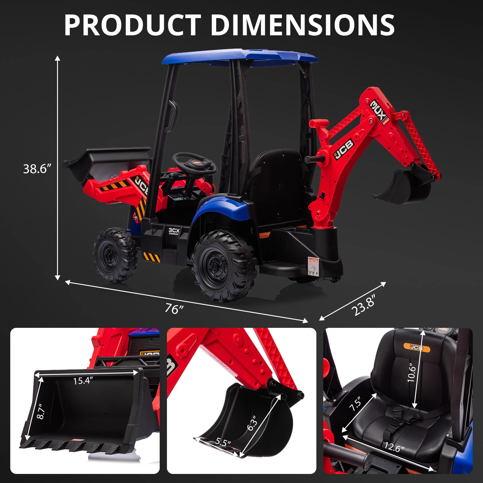 4 in 1 Ride on Excavator & Bulldozer, 12V Kids Electric Vehicle with Remote Control, Front Loader, Excavator Ride on Car, RED