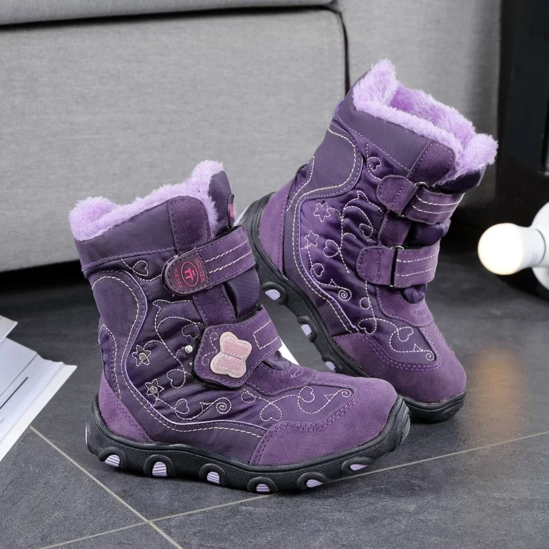 ULKNN Children\'s Winter Snow Boots For Baby Girl Shoes Kid\'s Boys Fashion Plus Velvet Warm Waterproof Non-slip Boot TPR Purple