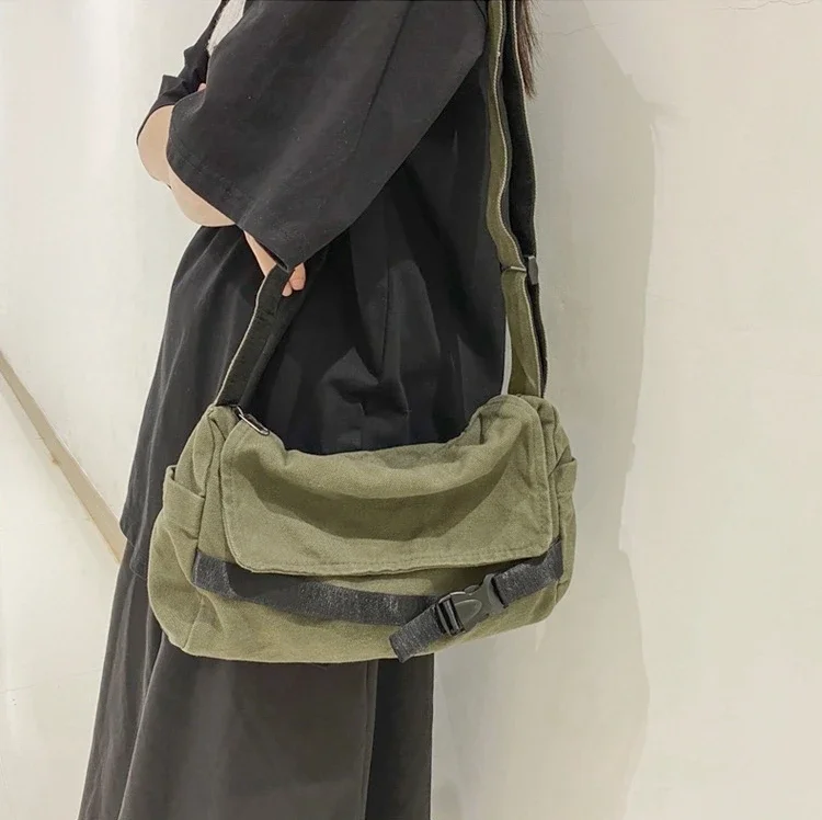 

Medium Size Canvas Fabric Soft Hobo Flap Shoulder Bag 2024 Stylish Korean Harajuku Y2K Grunge Textile Ita Emo Side Crossbody Bag