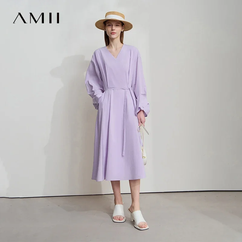 Amii Abito da donna minimalista con scollo a V 2025 Autunno Nuova manica a bocciolo con cintura Tinta unita Casual Elegante abito a forma di A 12541108