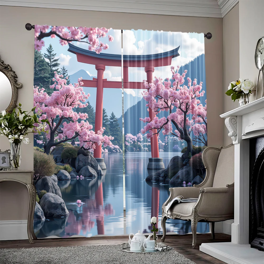 2 uds, cortinas de ventana de fiesta con impresión plana 2D Sakura Torii Gate arte japonés opaco poliéster fiesta de cumpleaños para habitación estética