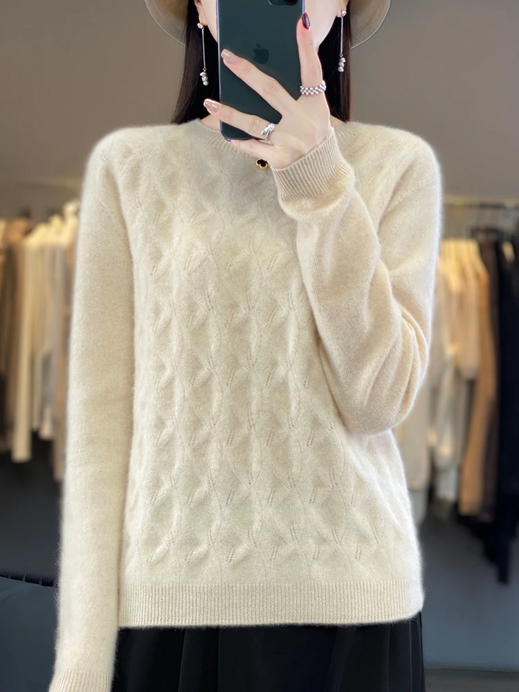 

ADDONEE Spring and Autumn Women's 100% Merino Wool Round Neck Long Sleeved Sweater Leaf Flower Knitted Exquisite