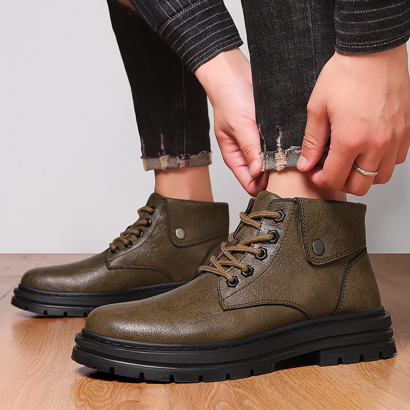 

Высококачественные мужские удобные короткие ботинки из воловьей кожи большого размера на шнуровке, модная зимняя обувь с плюшевой теплой хлопковой обувью