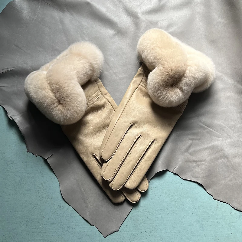 Autumn winter women's genuine leather gloves 100% real rex rabbit fur genuine sheepskin mittens black red blue pink