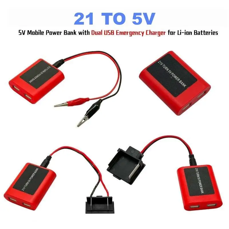 1Pcs 21V To 5V Mobile Power BankDual USB Emergency Charger Adapter For Lithium Battery Outdoor Working Power Supply