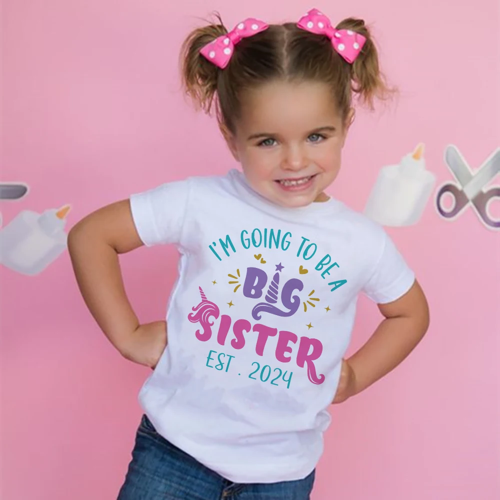 I\'m Going To Be A Big Sister Est 2024 Print T-shirt Baby Announcement T Shirt Girls Outfit Tops Toddler Tee Shirt Summer Clothes