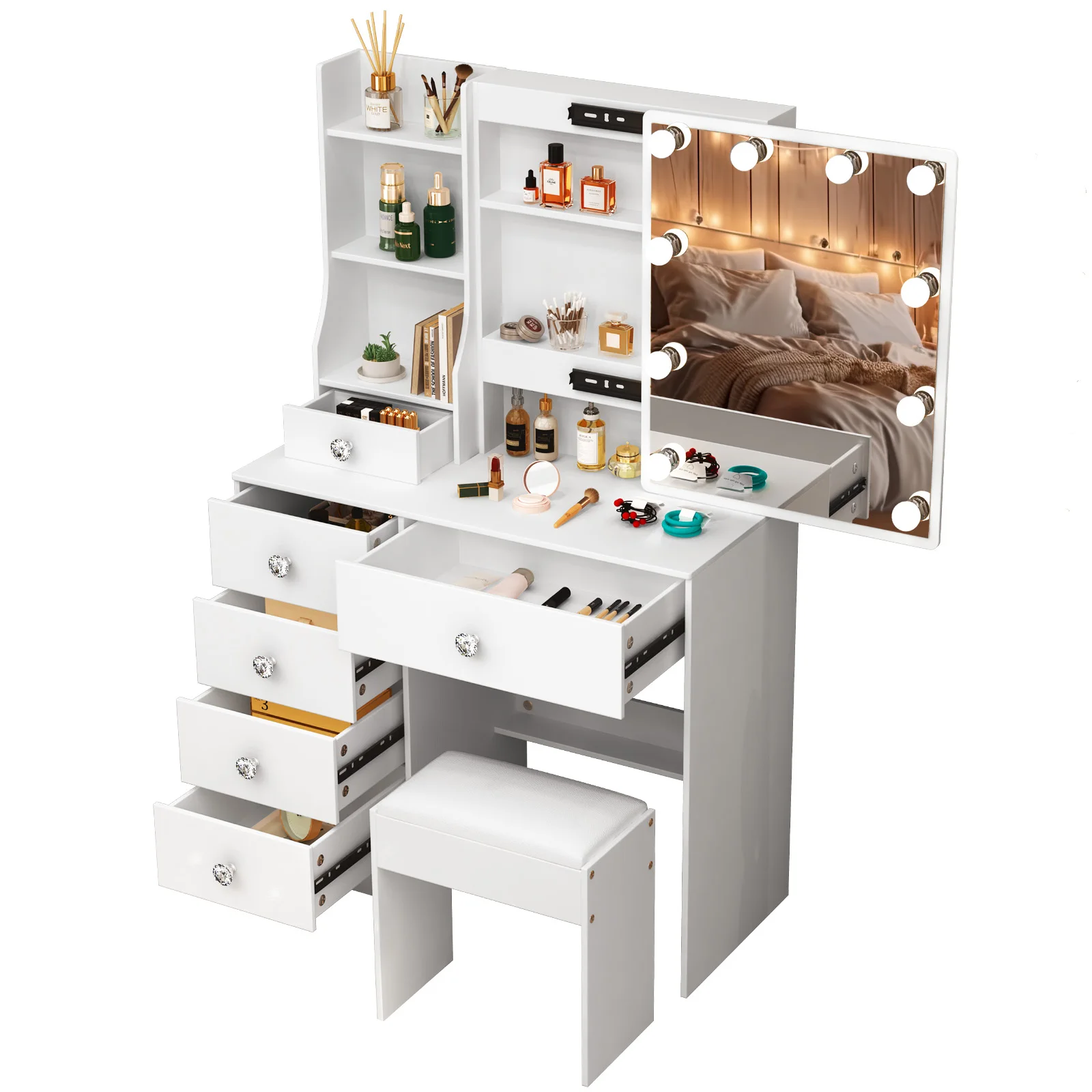 White Makeup Vanity Desk with LED Mirror, 6 Drawers Dressing Table Set with Cushioned Stool, Bedroom Beauty Station Furniture