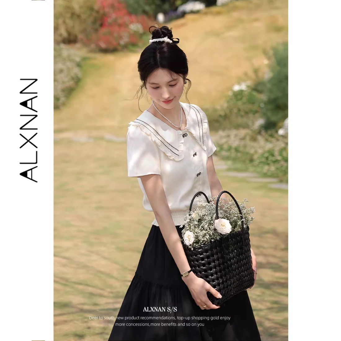 

ALXNAN White Shirt 2026 Summer Peter Pan Collar Elegant Women's Shirt Casual Loose-fit Button Design Short Sleeve Blouse L55565