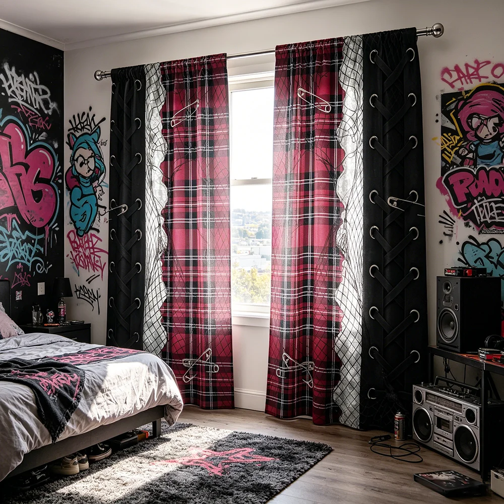 2PCS Plaid Pattern Curtains, Safety Pin Geometric Print, Modern Window Drapes for Living Room Bedroom Kitchen Home Decor
