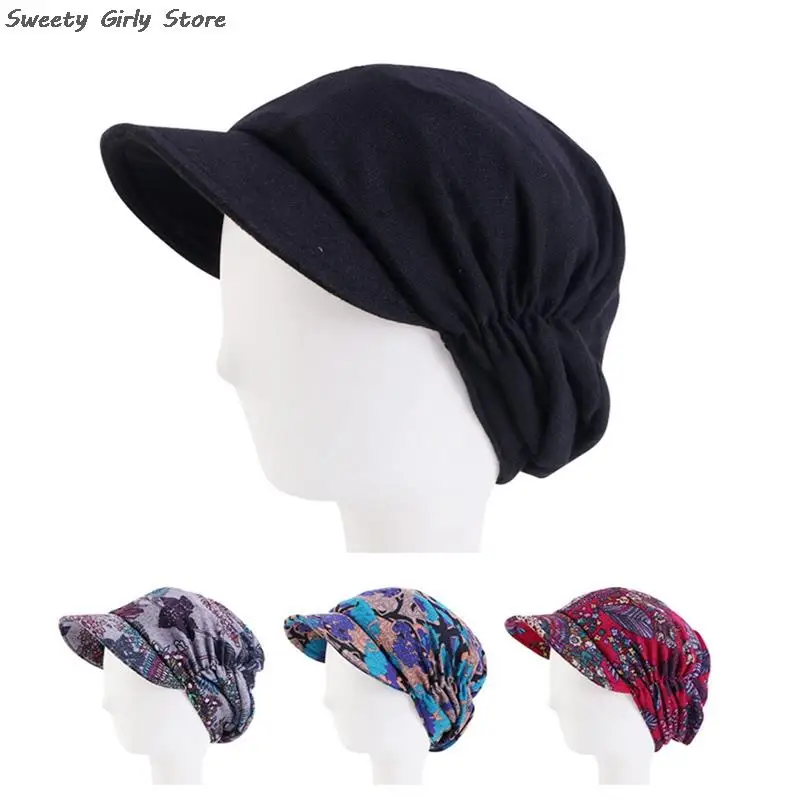 Ethnic Style Earflap Hat Women Floral Pleated Visors Caps Windproof Warm Turban Hats Comfortable Beret Cap Foldable Headwear