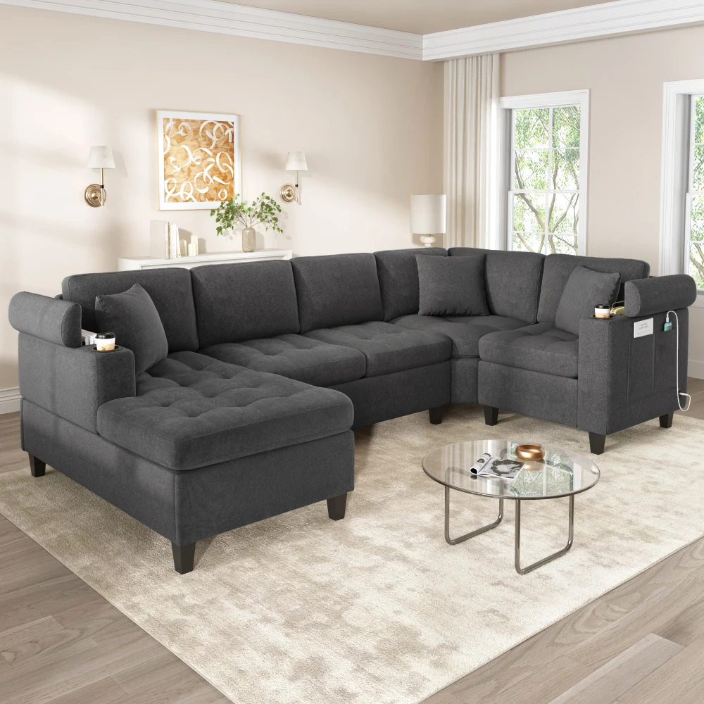 

Modern U-shaped Sectional Sofa 115.7" Corner Couch with Cup Holders, Storage & USB Ports Grey