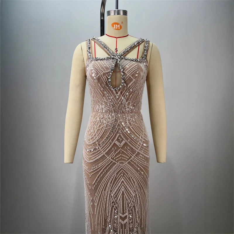 جديد وصول رائعة الترتر التطريز مثير المنخفضة قطع الجوف خارج أكمام Bodycon الشمبانيا فستان هوت كوتور ثوب مسائي