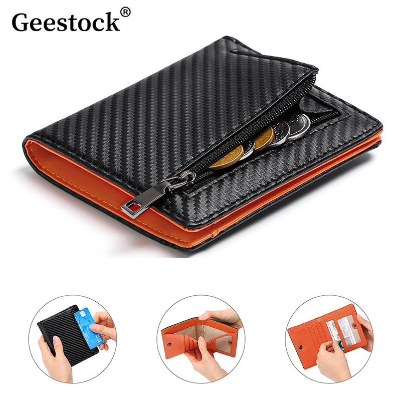 Geestock Carbon Fiber Men's Short Wallet Rfid Simple Folding PU Leather Coin Purse Anti-Theft Brush Wallet Card Holder Clip  ﻿