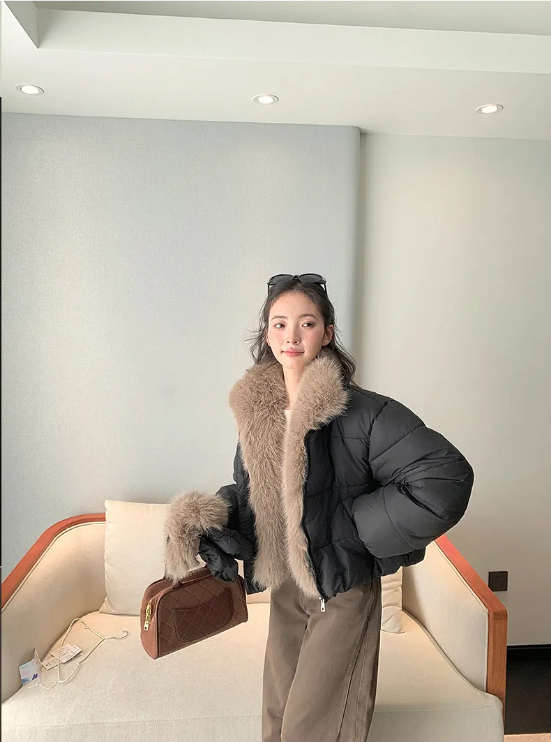 Korean Women's Short Puffer Jacket with Large Fur Collar Women Loose Thick Padded Cotton Coats Female Solid Casual Zipper Parkas