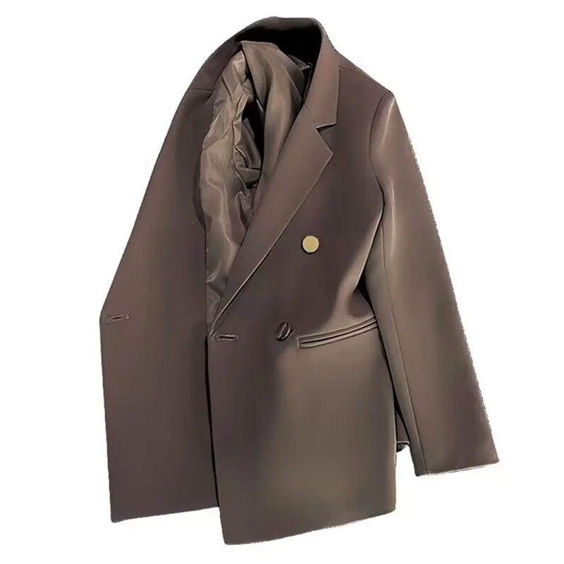 

Khaki Metal Buckle Suit Jacket Women's British Style Design Double Row Commute Wind Regular Thickness Polyester Fabric