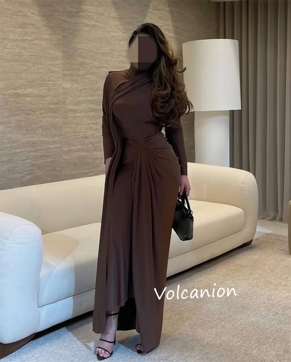 Customized Jersey Pleat Sheath High Collar Midi Dresses Bespoke Occasion Party Simple Classic Sizes Available