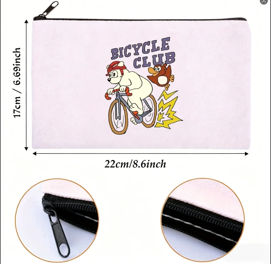 1PC Double-sided Print Canvas Pouch Bicycle Club Cartoon Bear Print Zipper Storage Bag