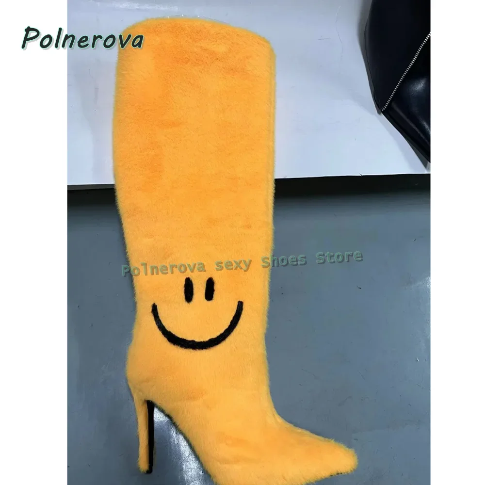 

Women Sexy Knee High Boots Cartoon Smiley Face Fur Fashion Boots 2026 Winter New Arrivals Pointed Toe Stiletto Color Blocking