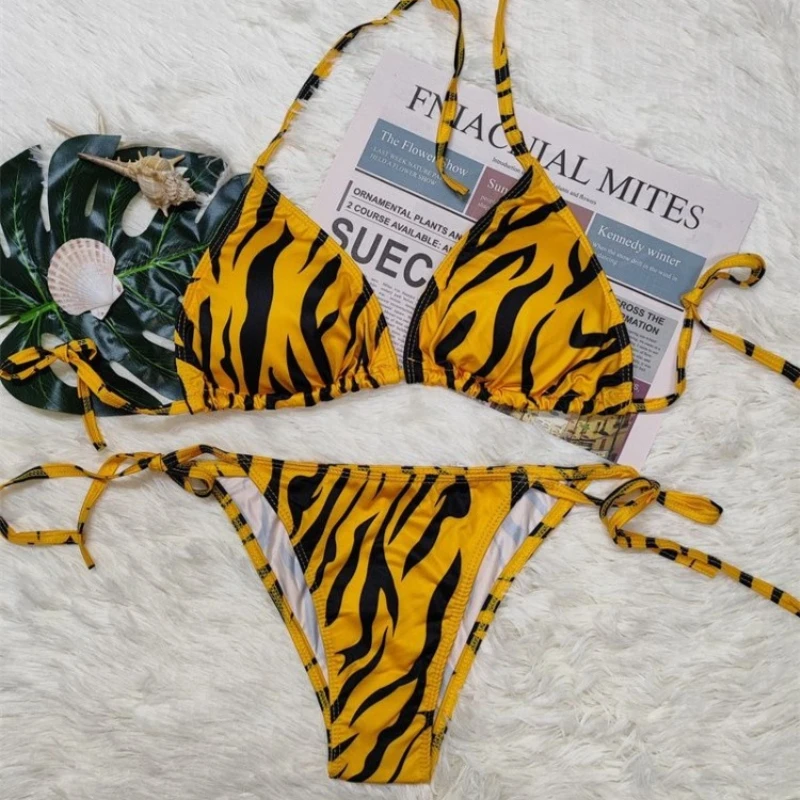 American Retro Black Yellow Zebra Print Print Bikini Set Women Sexy Hot Girl Beach Style Swimsuit Y2k Fashion Vacation Swimwear - Image 2