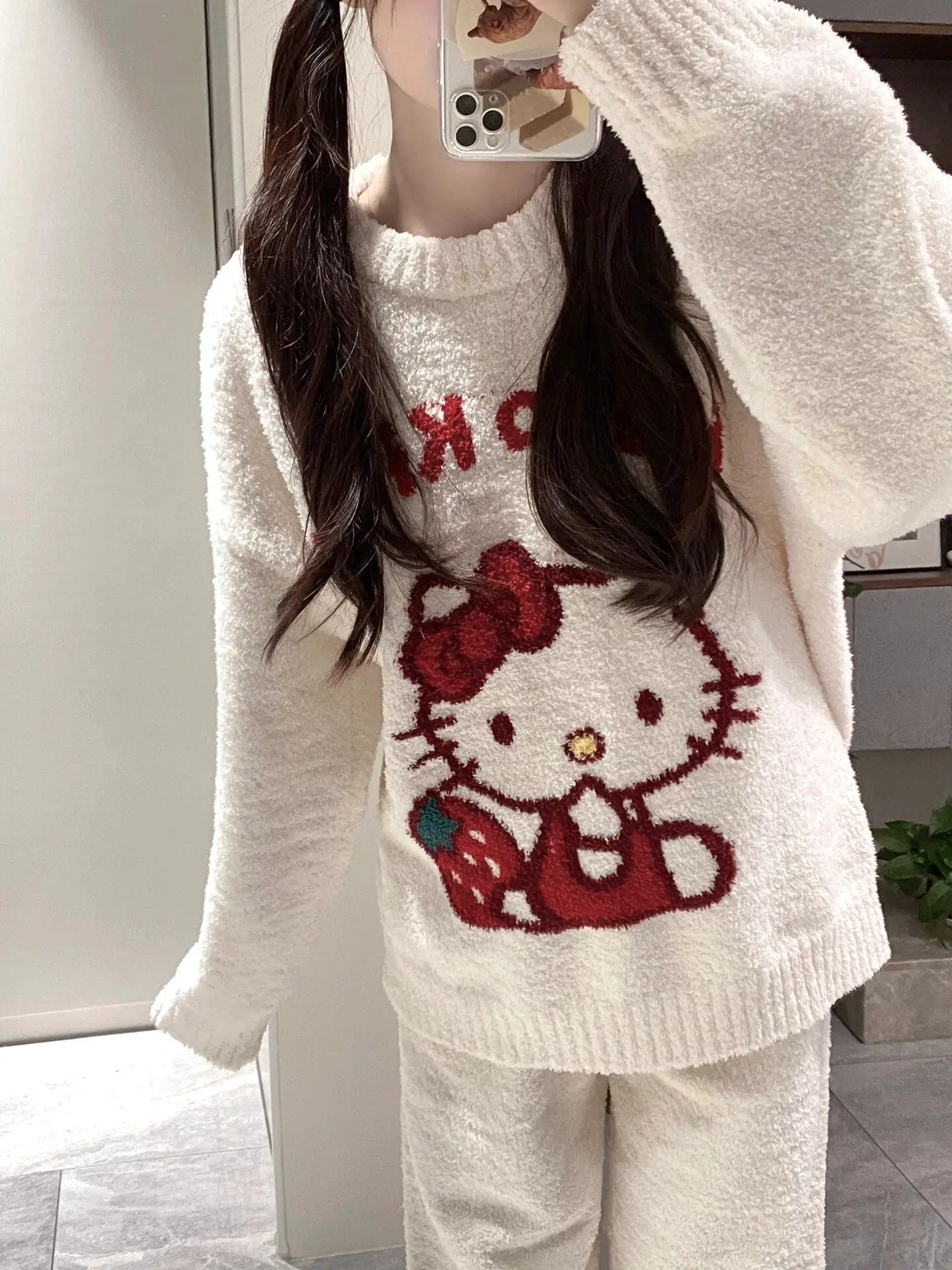 Hello Kitty-Conjunto de pijama de punto de felpa con dibujos animados Kawaii para mujer, ropa de descanso para el hogar, cálida, gruesa y acogedora, para otoño e invierno, 2025