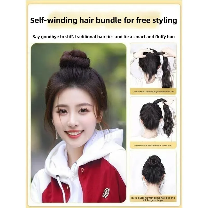 Solid Color Lady Synthetic Fiber Winding Ball Hair Ring Wig Bud Hair Bun Natural Fluffy Hair Volume Low Tie Fluffy Wig Hair Bag