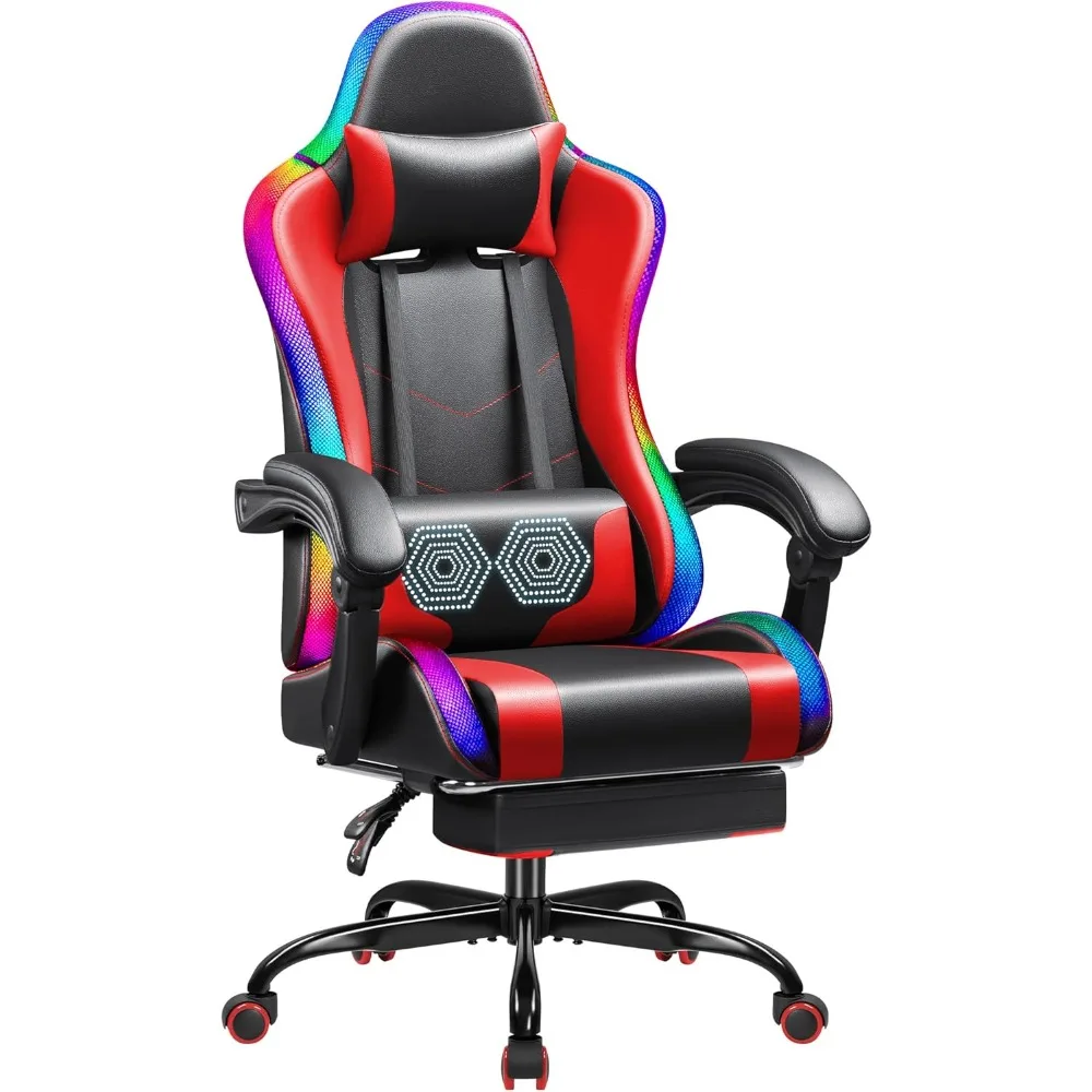 

Gaming Chair with LED Light, Footrest and Massage Lumbar Support, Ergonomic Computer Chair with 360° Swivel and Headrest