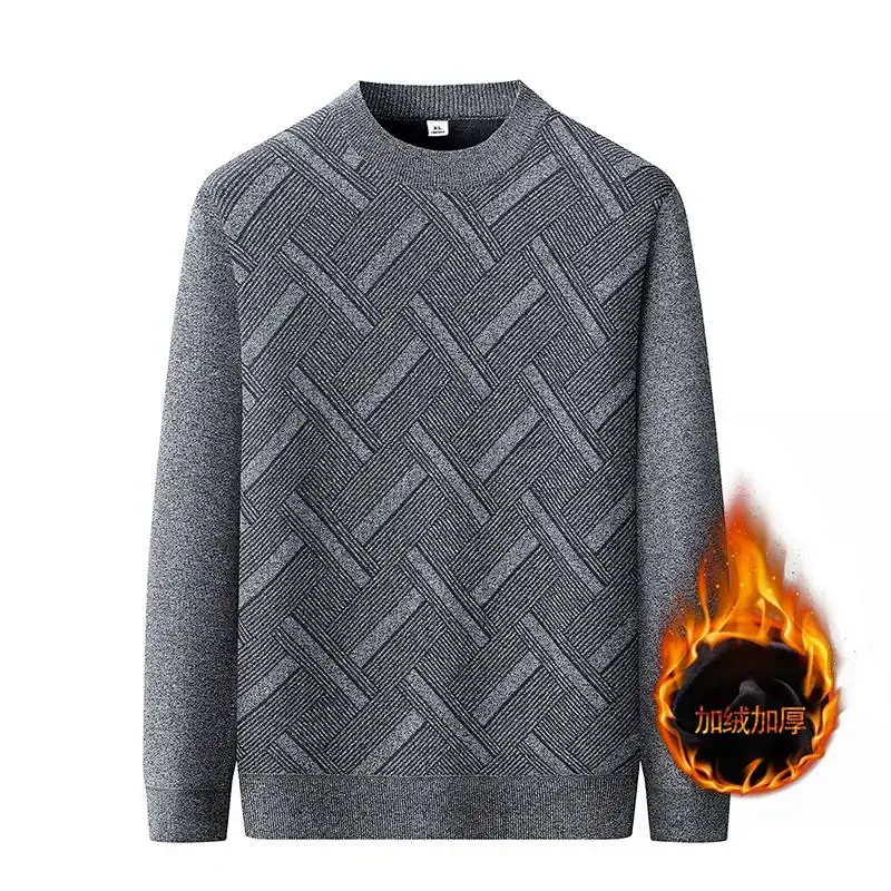 Бархатный зимний утепленный свитер для пожилых людей среднего возраста с круглым вырезом, теплый свободный низ для мужчин среднего возраста, вязаный
