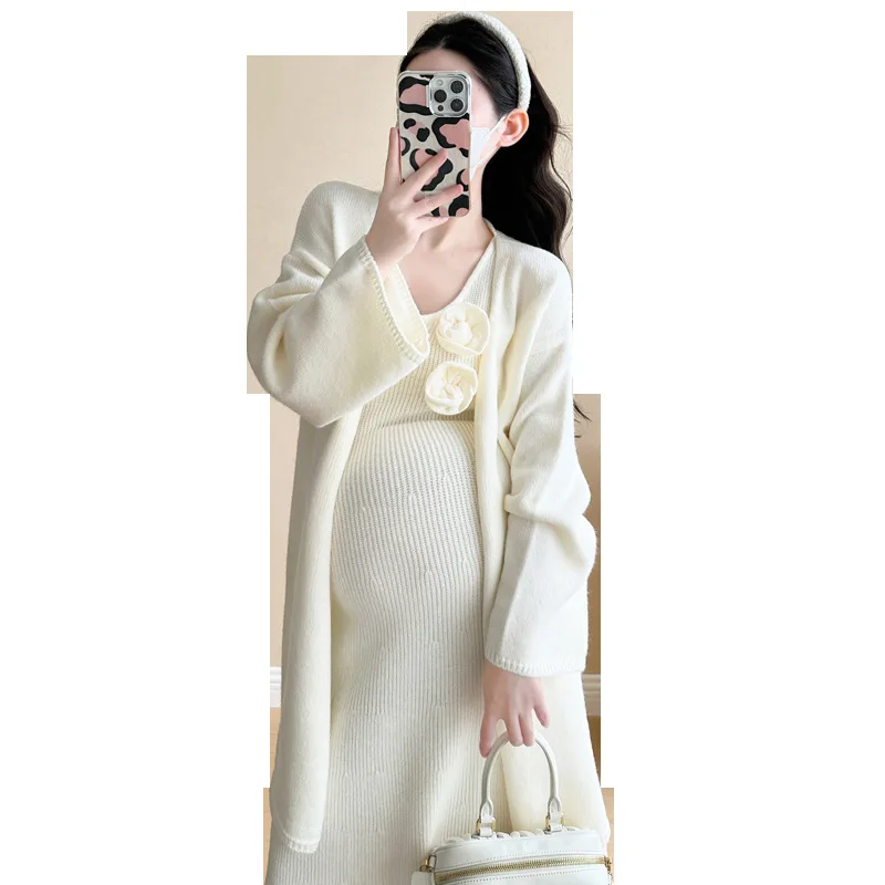 マタニティセット 秋 プレミアム ニット カーディガン 花柄 サスペンダー ドレス スリム フィット ツーピース 衣装 ファッショナブルな妊婦用