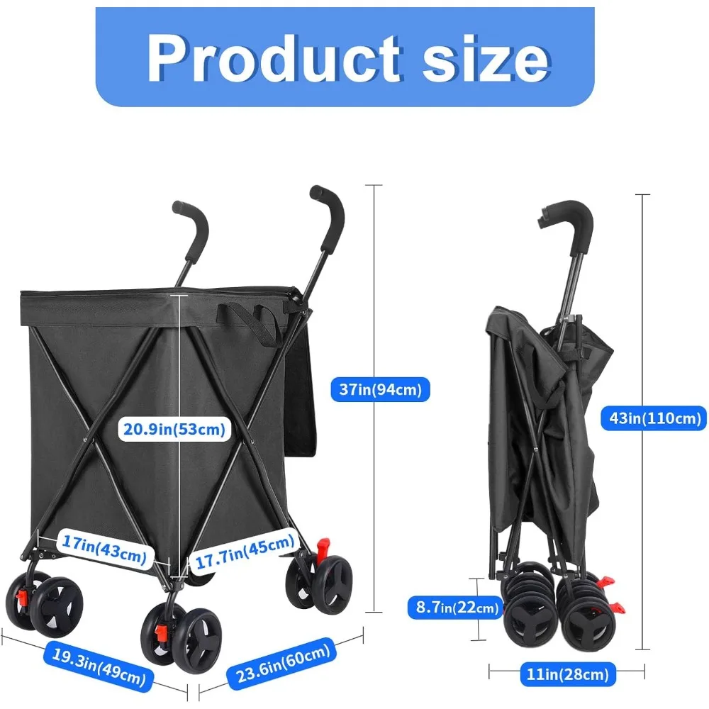 Folding Shopping Cart, Jumbo Grocery Utility Cart with Lager Baskets, 360° Swivel Wheels, 180 LBS Large Capacity Heavy Duty for