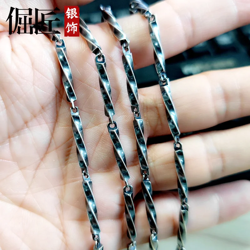 Chain925Silver Retro Distressed Silver Necklace Men's Solid Domineering Short Necklace Gift Boys Style Thai Silver