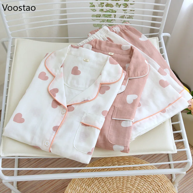 Summer Women Cute Pajamas 2 Piece Set 100% Cotton Short Sleeve Heart Print Pajamas Homewear Ladies Pajamas Suit Women Sleepwear