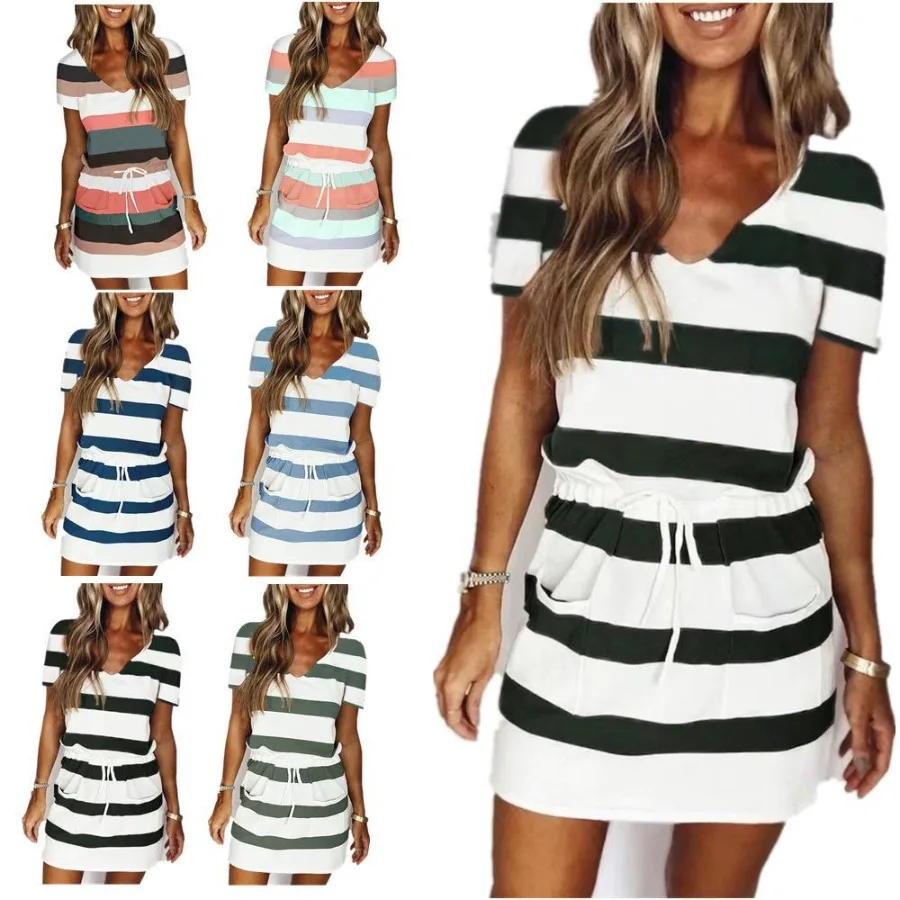 

【New style】's new striped women's v-neck drawstring short-sleeve dress is popular