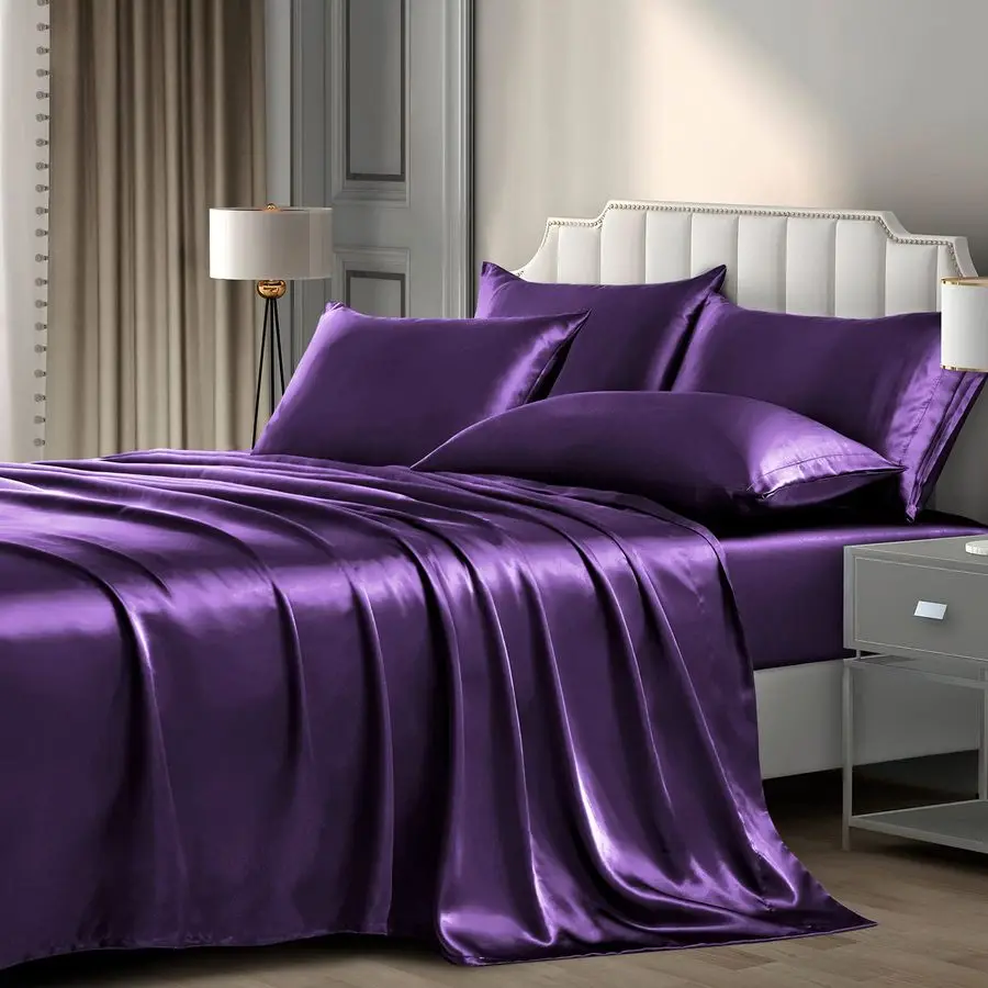 

6 Pieces King Satin Sheets Luxury Silky Purple Satin Bedding Sheet Set, 1 Deep Pocket Fitted Sheet 1 Flat Sheet 4 Pillow Cases