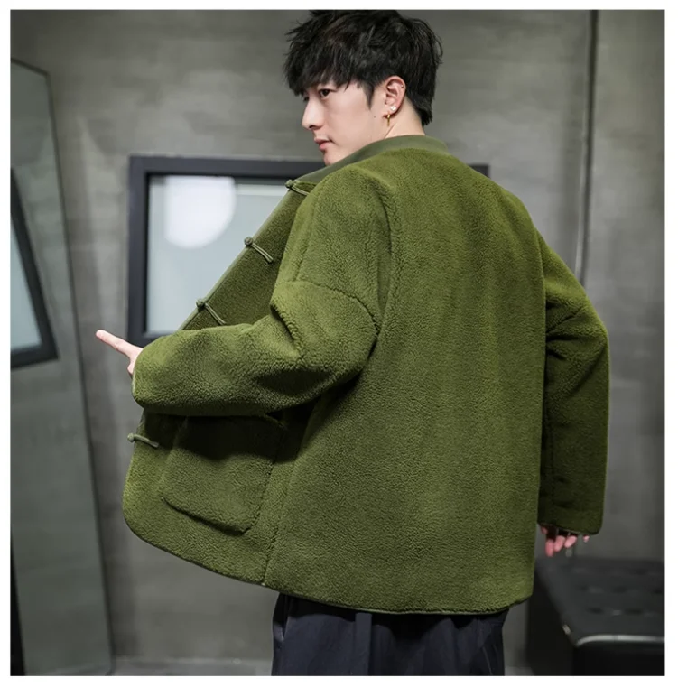 Winter Jackets for Men Chinese Style Sherpa Warm Tang Suit Hanfu Jackets Man Retro Disc Buckle Male Coat