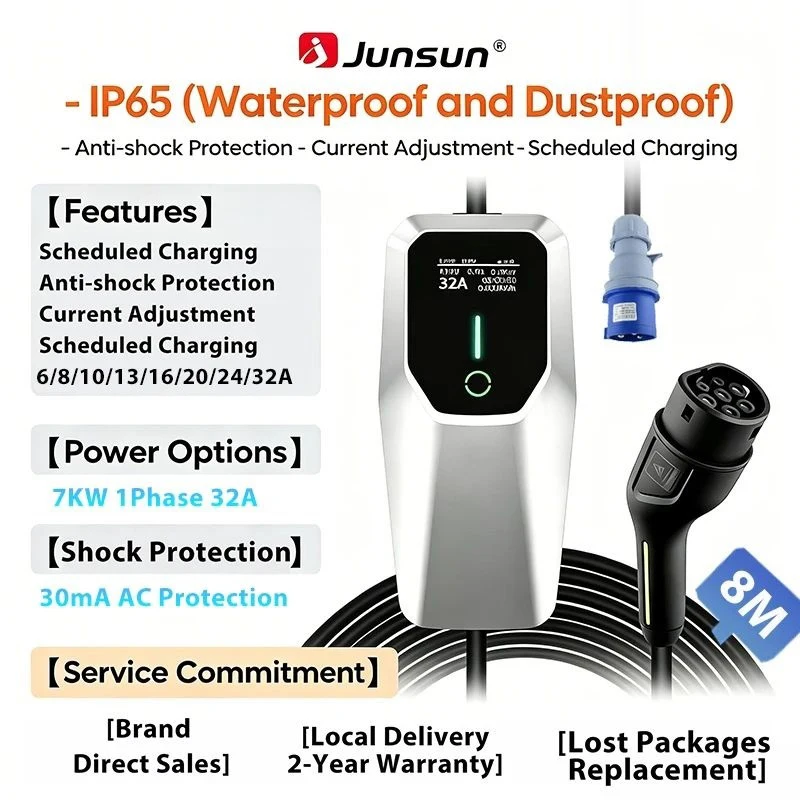 Junsun Draagbare EV-lader 3 6KW 7KW 11KW 22KW IP65 Waterdicht Type 2 Laadkabel 6 8 10 13 16 20 24 32A Instelbare stroom Afgestelde laadvertraging Timer Touch Button bediening 2 jaar garantie voor EU