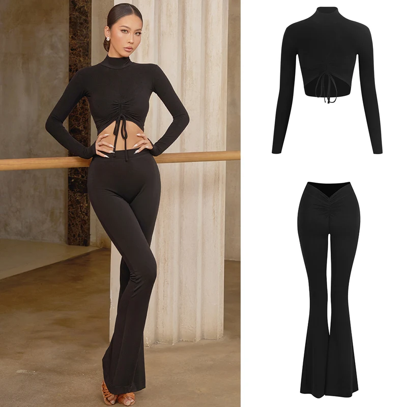

ZYM Modern Dancing Clothes Adults Latin Dance Costumes Black Drawstring Top Ballroom Dance Pants Women Training Suits SL13665