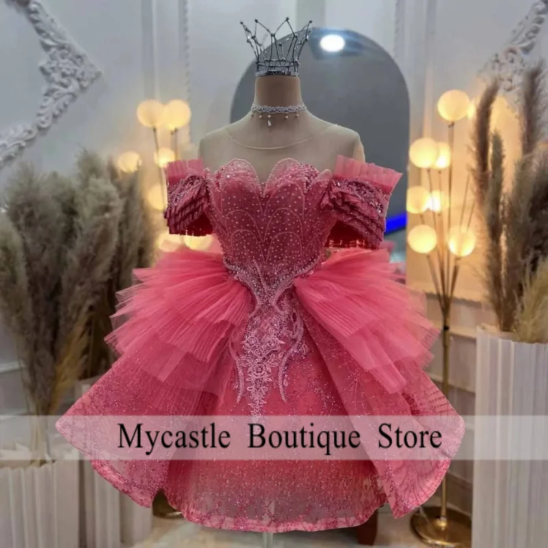 Pink Trendy Homecoming Dresses Off the Shoulder Beads Appliques A-line Tiered Mini Deep Abendkleider Customized Plus