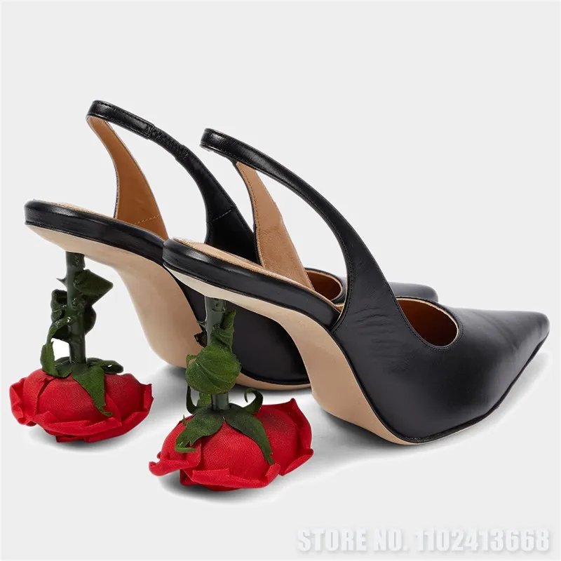 

Red Rose Pointed Toe High Heels Sheepskin Leather Fabric Sandals Elegant Mature Girls Shoes Casual Commute Party Pumps