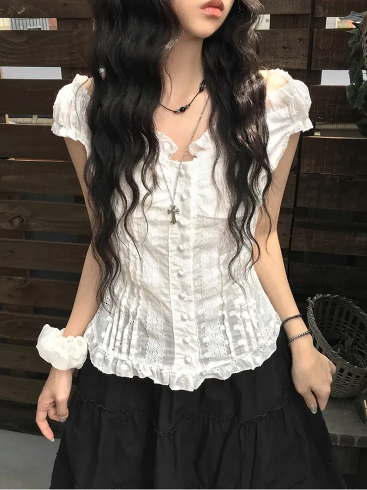 Summer New Style Pure Desire Slim Fit White Shirt Women's Bubble Sleeve Button Short Sleeve French Style V Neck Top
