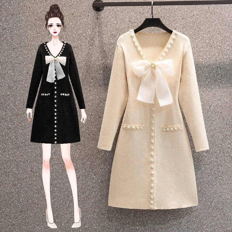 

Autumn Winter Warm Knitted Sweater Dresses French Vintage Long Sleeve Pearl Beading Bow V Collar Vestidos J117