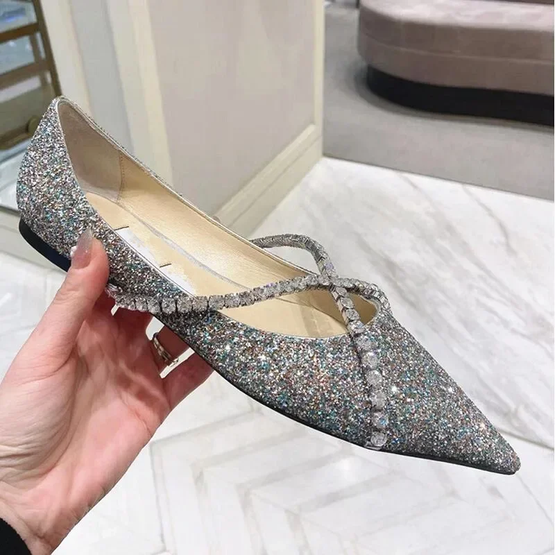 

Women's single shoes,Europeanand American spring and autumn newfashionable pointeddiamond chainflat bottomed shallow mouth shoes