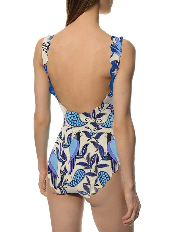 Vintage Blue Coconut And Bird Art Print Fashion Shoulder Fold Two-piece Style Women's Comfortable Bikini Swimsuit  Long Cover Up