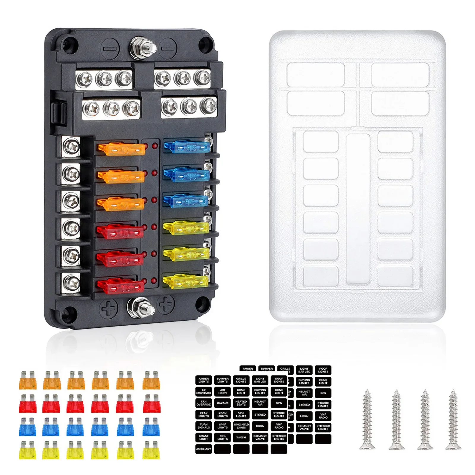 

6-12 Way Blade Fuse Block Fuse Box Holder With Waterproof Protection Cover LED Indicator For Camper RV Boat Panel Board 12V-24V