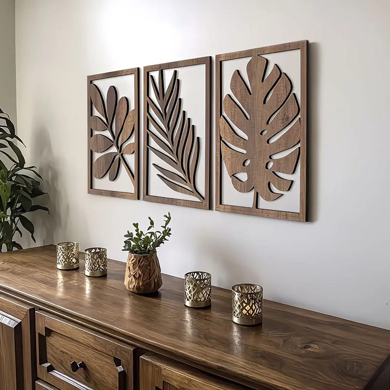 3-Piece Tropical Leaf Wooden Wall Decoration Set with Nano Double Sided Adhesive Non Perforated Bohemian Indoor Wall Hanging
