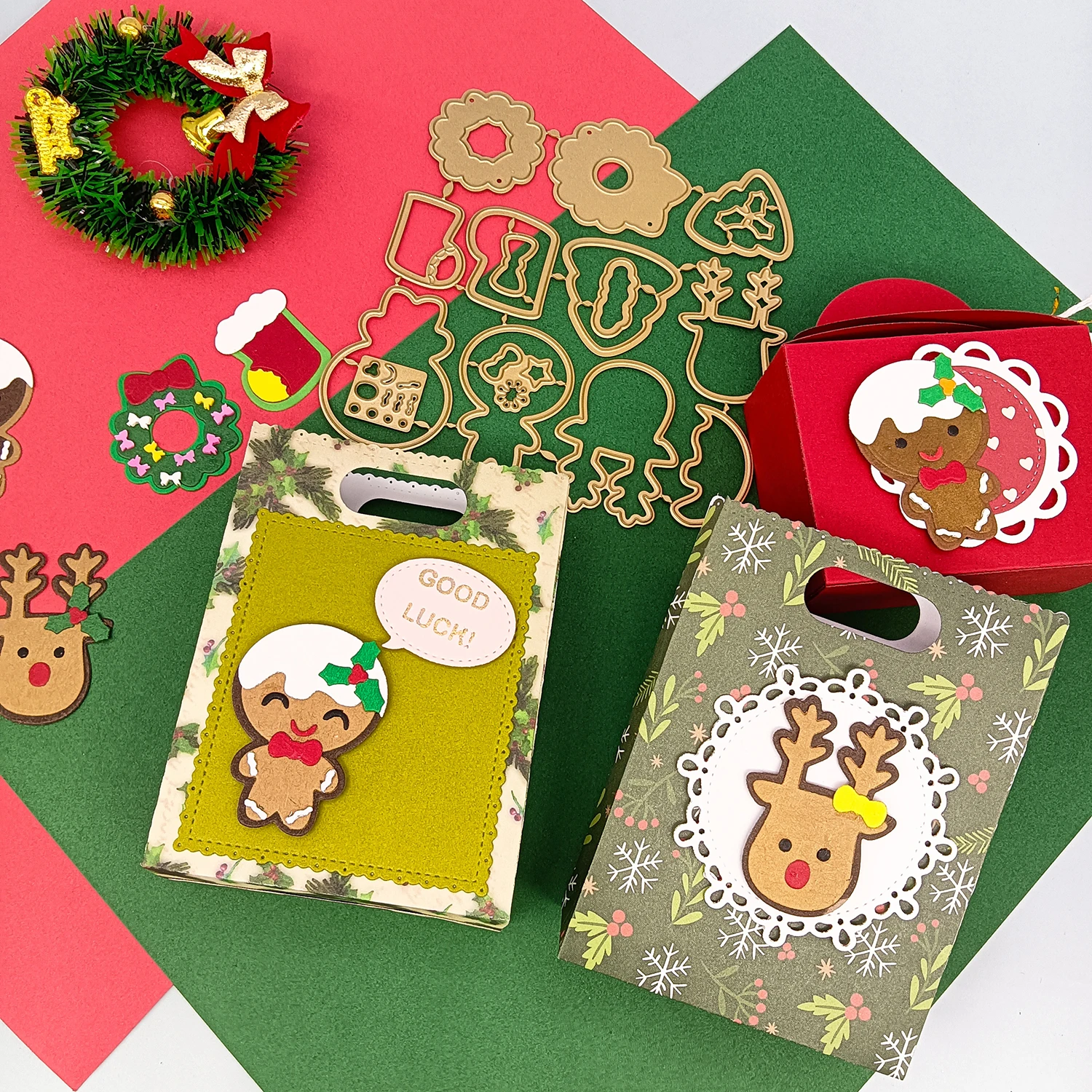Lebkuchenmann, Weihnachtskranz, Socken, Metall, gestanzt, goldene Stanzformen für Geschenk, Papier, Handwerk, handgefertigte Kartenherstellung, DIY