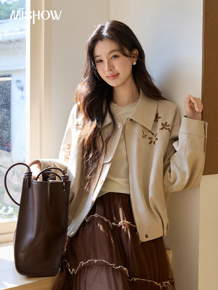 

Женская куртка MISHOW из искусственной замши, весна 2026, с цветочной вышивкой, отложным воротником, на молнии, с длинными рукавами, повседневная верхняя одежда MXF11W1027