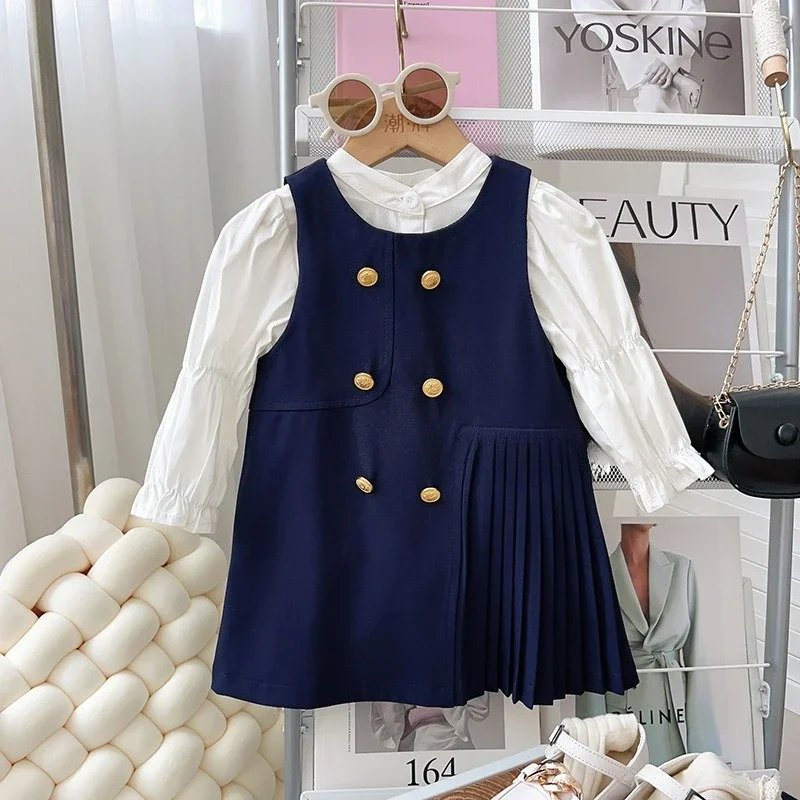 

2025 Spring New Children's Clothing Sets Girls' Campus Style Dress Long Sleeved T-shirt +Vest Dress School Uniform Kids Suits