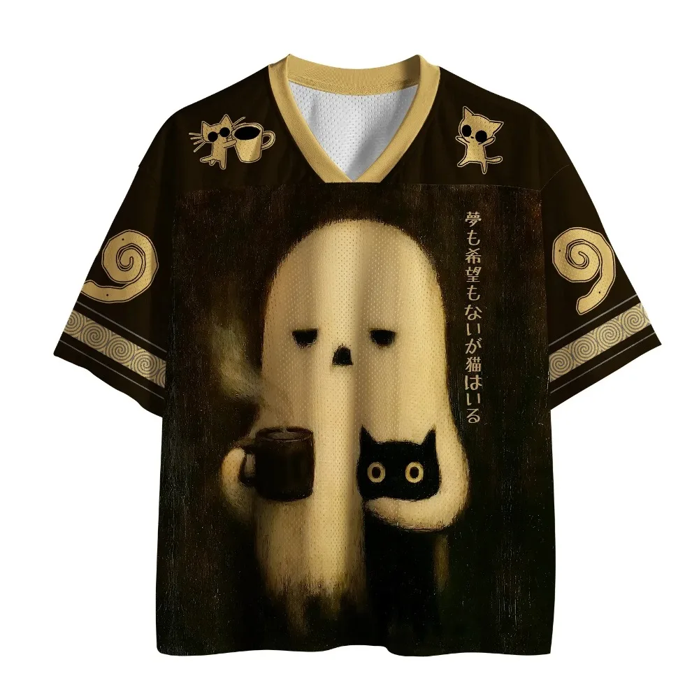 Summer Fashion New Japanese Ghost and Cat 3D Printing Loose Street Breathable Punk Outdoor Leisure Fitness V-neck T-shirt Large